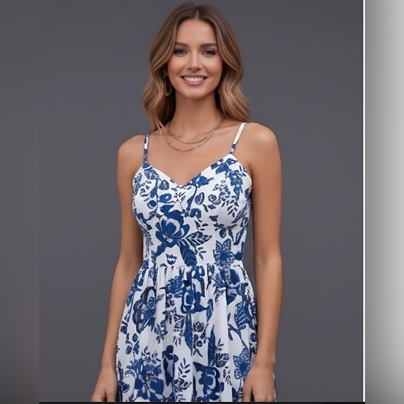 Boho Floral Print Cami Maxi Dress Blue - Picture 2 of 8